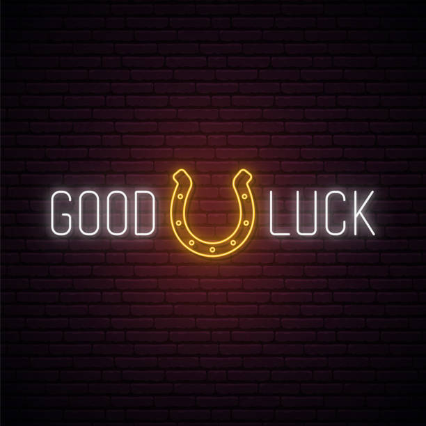 ilustrações de stock, clip art, desenhos animados e ícones de neon horseshoe sign. glowing horseshoe icon and good luck text in neon style. good luck concept banner in neon style. vector illustration. - horseshoe good luck charm cut out luck