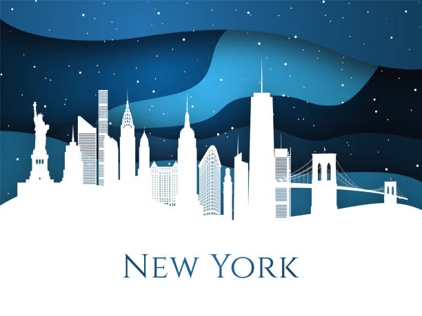 ilustraciones, imágenes clip art, dibujos animados e iconos de stock de horizonte nevado de nueva york sobre fondo azul. los edificios más famosos de referencia. nochebuena en la ciudad de nueva york. estilo de arte en papel. - new york city skyline bridge brooklyn