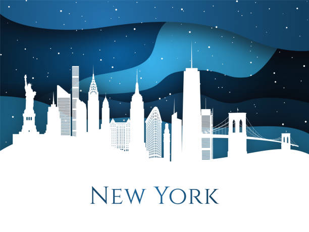 illustrazioni stock, clip art, cartoni animati e icone di tendenza di skyline di new york innevato su sfondo blu. punto di riferimento degli edifici più famosi. vigilia di natale a new york city. stile artistico della carta. - new york city new york state skyline winter