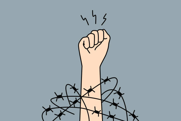 Hand with clenched fist fighting for freedom Close-up of hand in fist in wires thrive for independence and freedom. Raised hand with clenched fist fight for human rights. Vector illustration. fist human hand punching power stock illustrations