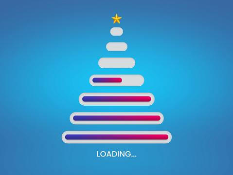 This color photo shows the same green Christmas tree at four different progressive stages of the decorating process. First stage shows the bare undecorated tree. Second stage adds Christmas lights. Third stage adds silver tinsel. Fourth stage adds red and blue ball ornaments. Image is isolated on a white background.