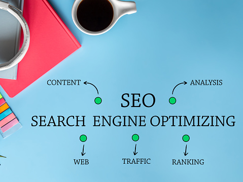 SEO search engine optimization, link building and internet marketing concept