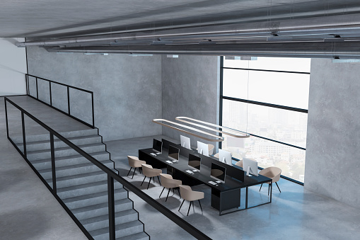 Simple two levels concrete coworking office interior with window and city view, furniture and equipment. 3D Rendering
