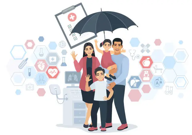 Vector illustration of Family under umbrella. Concept of life insurance. Protection of health and life of children. Healthcare and medical service.