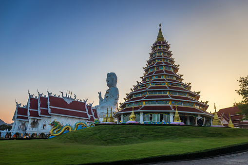 Landscape of Wat Huay Pla Kang, Chinese temple at sunset time in Chiang Rai Thailand, This is the most popular and famous temple in Chiang Rai.