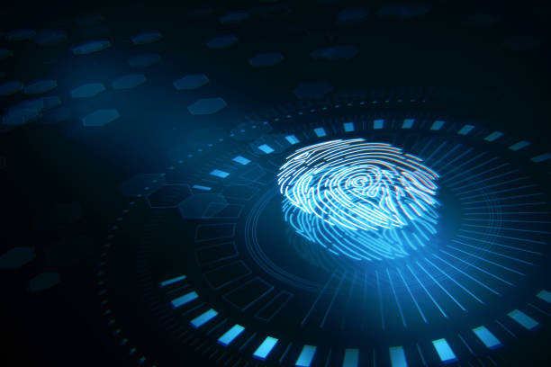 istock Abstract glowing fingerprint hologram on blurry blue backdrop. Personal security concept. 3D Rendering. 1440002185