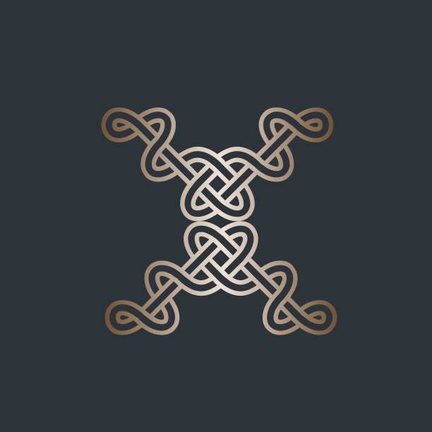 Letter X logo. Luxury alphabet initial. Shiny gold color Celtic knot. Lettering sign isolated on dark background. Antique style icon for brand identity. Elegant typography, beauty, deco design, gift boutique ornamental font monogram. Decorative intertwined lines. celtic letter x stock illustrations