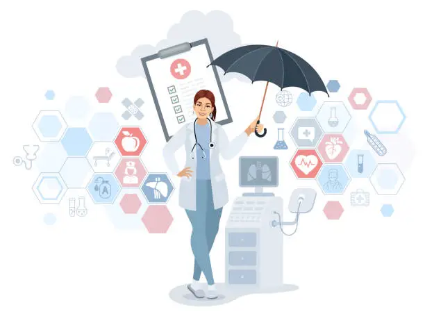 Vector illustration of Concept of life insurance. Protection of health and life. Healthcare and medical service. Female Doctor holding an umbrella.