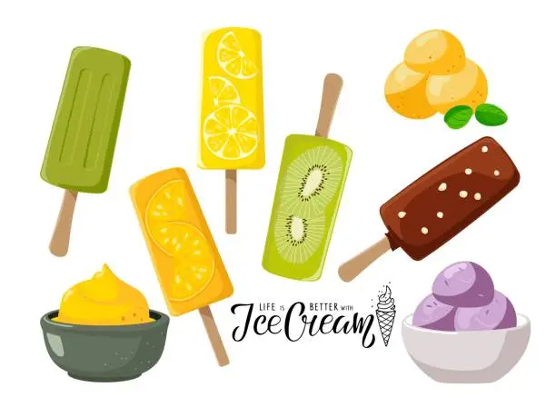 Vector illustration of Ice cream set. Different varieties and types ice cream. Sweet delicious frozen dessert. lot collection isolated Flat vector Illustration for design, poster, banner, menu. Dessert foods.