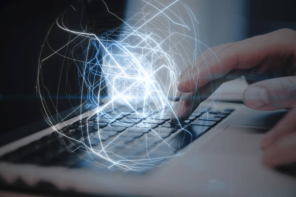 istock Close up of hands using laptop with glowing blue linear sphere on blurry background. Geometric cyberspace, network and future concept. 1440005557