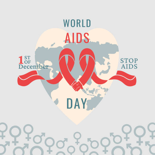 world aids day banner. red ribbon as symbol of the aids control. support for hiv infected people. world map with lettering. vector illustration - world aids day stock illustrations