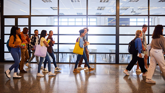 Side view of a group of diverse young college students talking while walking together along a hall to their next class