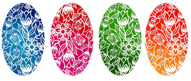 Easter eggs with flower pattern isolated on a white background.  Set of decorative colorful  eggs.   For holiday design.
