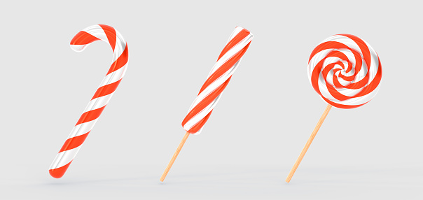 Christmas lollipop in cane shape, spiral and round candies, 3d render. Striped white red caramel on wooden stick, traditional xmas sweet, New Year dessert isolated on background, 3D illustration