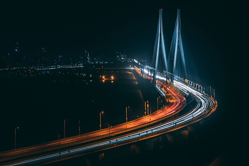 A high angle shot of Bandra Worli sealink in Mumbai at night time