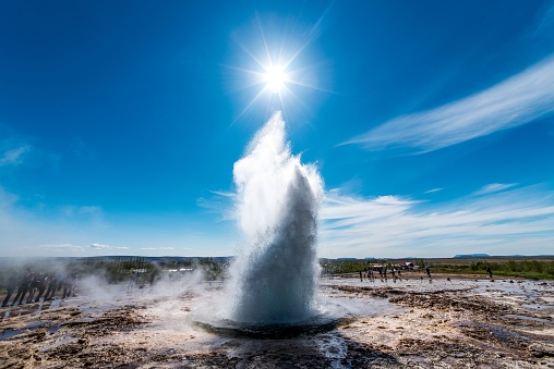 A beautiful shot of the erupting Strokkur Geyser located in the Geysir geothermal area Iceland