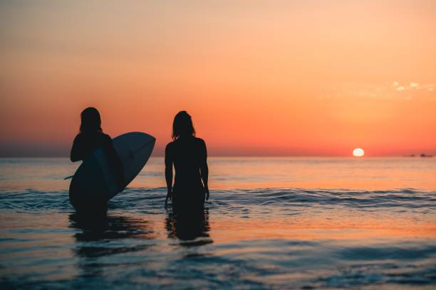 bela foto de dois surfistas em pé na água olhando para o pôr do sol de tirar o fôlego - surfing sunlight wave sand - fotografias e filmes do acervo