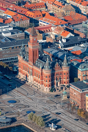 An aerial view of the neogothic style town hall building in Helsingborg, Sweden