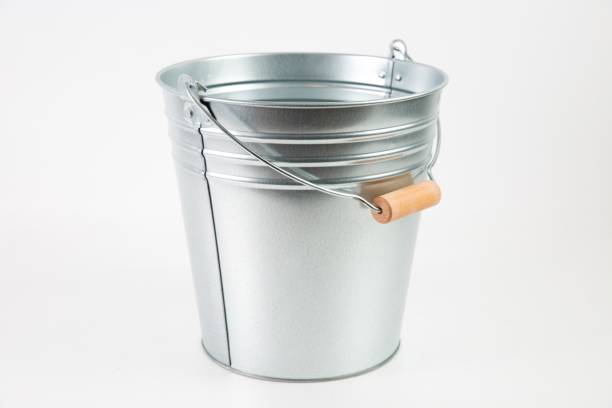 istock Silver empty bucket with a wooden holder isolated on a white background 1440013647