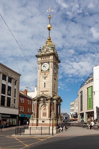 Brighton, United Kingdom – July 29, 2022: The clock tower in Brighton is called the Jubilee Clock Tower and features images of royalty