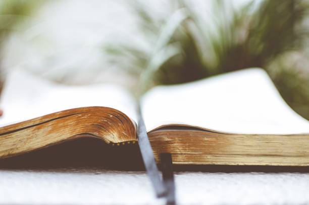 istock Closeup shot of an old open bible with a blurred background 1440015071