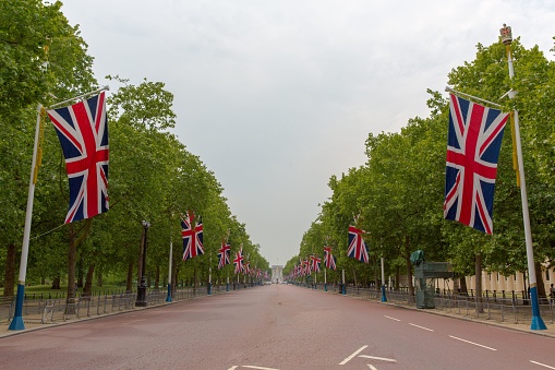 London, United Kingdom – June 15, 2015: A beautiful view of the flags of the USA hanging from the trees