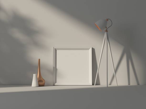 istock Square white poster Frame Mockup standing on floor with lamp in room 1440015921