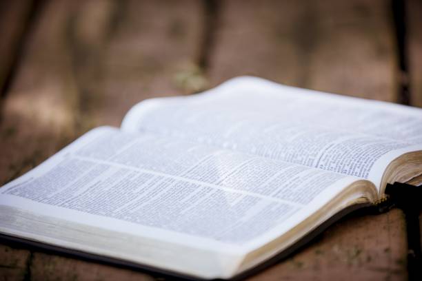 istock Selective focus shot of an open bible on a wooden surface with a blurred background 1440016455