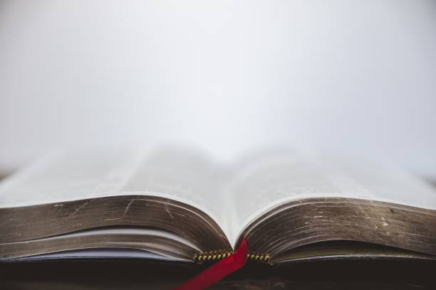 foto em close-up da bíblia com páginas douradas e um fundo desfocado - bible old book library - fotografias e filmes do acervo