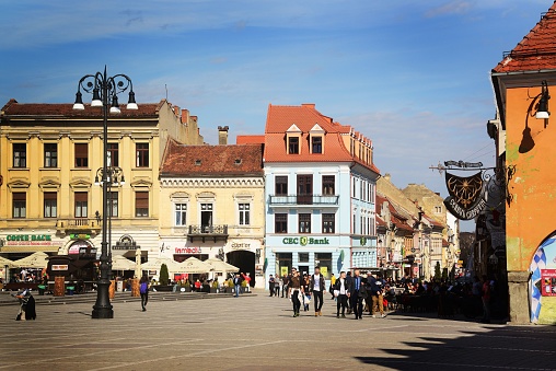 Brasov, Romania – March 13, 2020: A beautiful shot of the town square in Brasov, Romania
