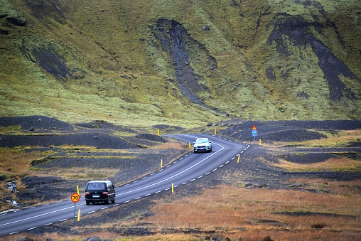 Vik, Iceland – November 01, 2021: An open road between landscapes in Rural Iceland