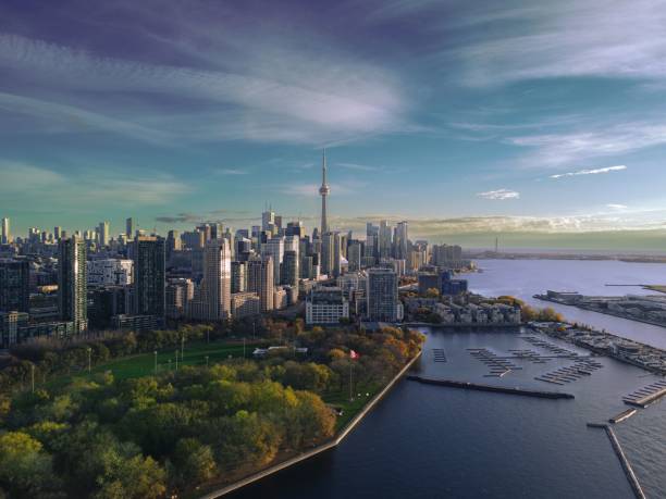 antenne der skyline von toronto, ontario, kanada. - cn tower stock-fotos und bilder