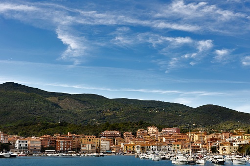 Porto Ercole town , Monte Argentario , Tuscany , Italy , Boats in harbor in sea bay