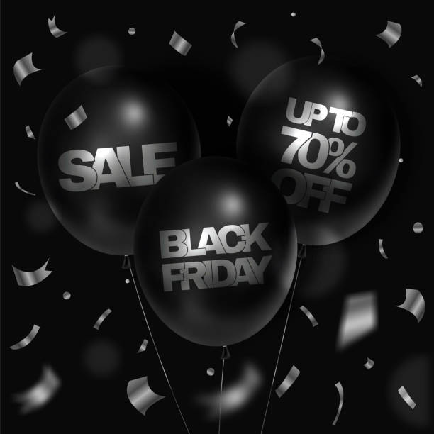istock Black Friday. Sale, discounts up to 70%. Square poster with black balloons and text. Vector modern trendy 3D illustration. For social media posts. 1440018403