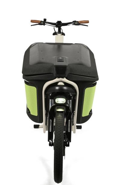 istock Modern black and green efficient delivery bike against white bac 1440019794