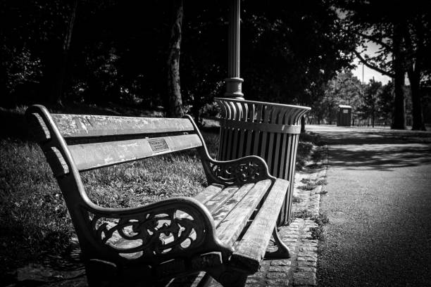 istock Greyscale shot of an empty bench in a park 1440019913