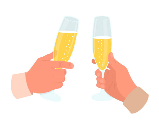 ilustrações, clipart, desenhos animados e ícones de mãos humanas segurando taças de champanhe isoladas no fundo branco. bebida alcoólica. celebração. - cans toast
