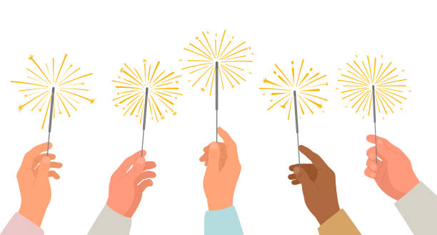 ilustraciones, imágenes clip art, dibujos animados e iconos de stock de chispas en manos humanas. amigos celebrando con bengalas encendidas en las manos. celebración de año nuevo, cumpleaños, navidad. - sparkler