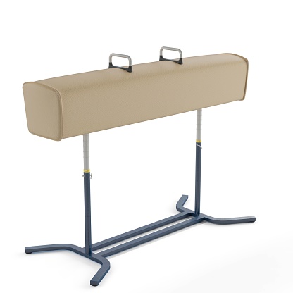 A 3D render of a gymnastics pommel horse bench isolated on a white background