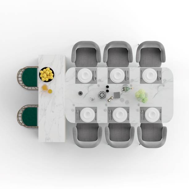 istock Top 3D render of a marble dinner table with gray seats isolated on a white background 1440021045