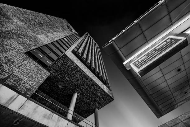 Low angle grayscale shot of brutalist architecture under the clear sky A low angle grayscale shot of brutalist architecture under the clear sky trellick tower stock pictures, royalty-free photos & images