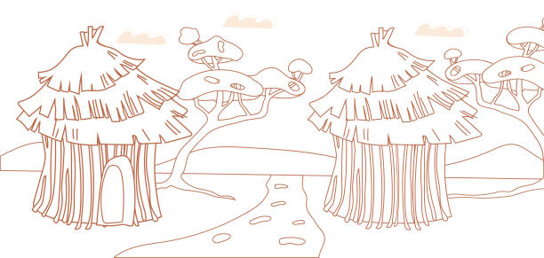 afrykańskie chaty wiejskie z dachem krytym strzechą wśród drzew, linia ręcznie rysowana ilustracja wektorowa. - thatched roof illustrations stock illustrations