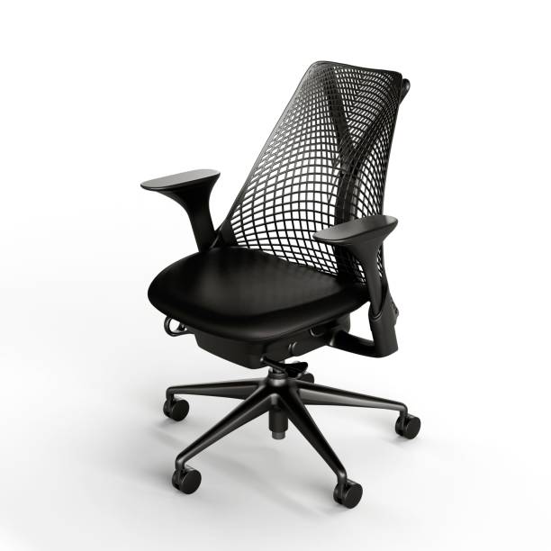 3D render of a black rolling office chair isolated on a white background
