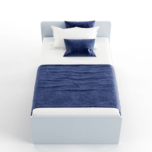 istock 3D render of a single bed with white and blue covers and pillows isolated on a white background 1440022083