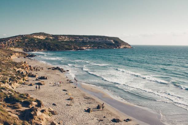 istock Wide shot of a cliff by the sandy seashore under a clear sky 1440022933