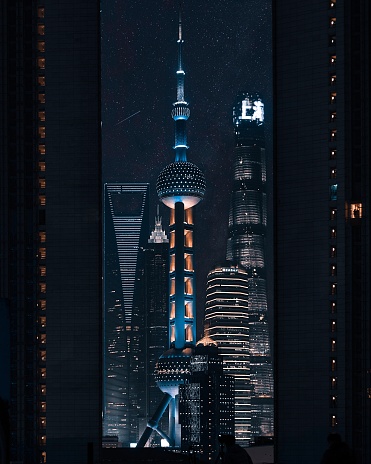 A beautiful vertical shot of Oriental Pearl TV Tower in Shanghai, China