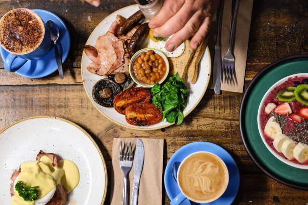 istock Overhead shot of cooked breakfast meal and coffee 1440024681