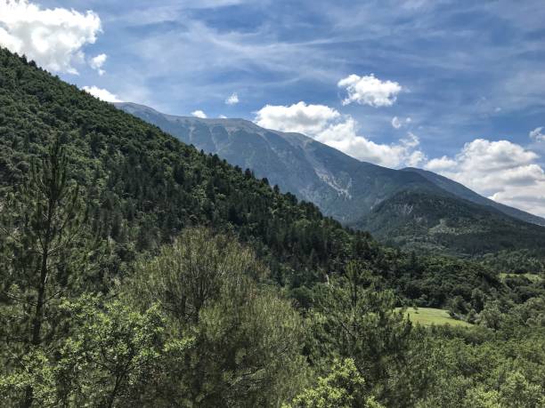 istock Wide shot of mountains covered with green trees under a blue sky with clouds 1440024954