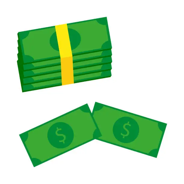 Vector illustration of Cartoon dollars. Money rain. Green paper bill. Pile money. Vector illustration. Stock image.