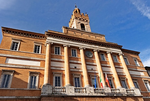 foligno, Italy – October 10, 2022: Foligno ,Italy , 1 November 2022 ,  Palazzo Comunale , facade with Neoclassical colonnade ,historical building , touristic attraction